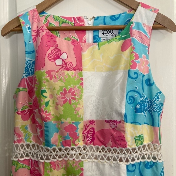 Lilly Pulitzer pastel patchwork cotton midi summer dress w/ lace waist detail - Picture 5 of 6